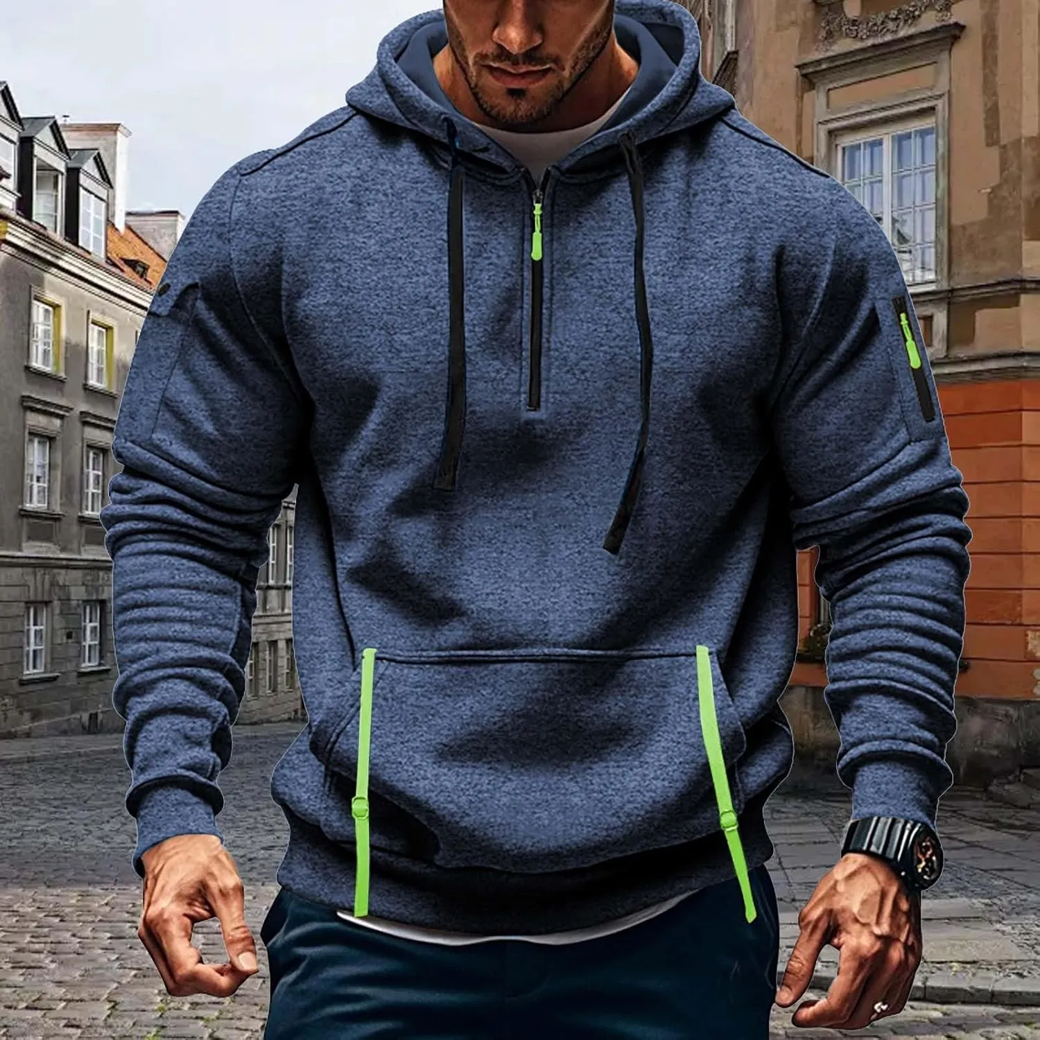 Tactical Hoodies Men Quarter Zip Pullover Vintage Workout Hoodies with Zipper Pockets Trendy Military Sweatshirt