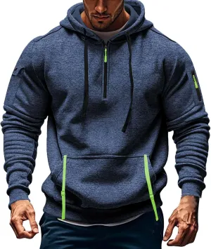 Tactical Hoodies Men Quarter Zip Pullover Vintage Workout Hoodies with Zipper Pockets Trendy Military Sweatshirt