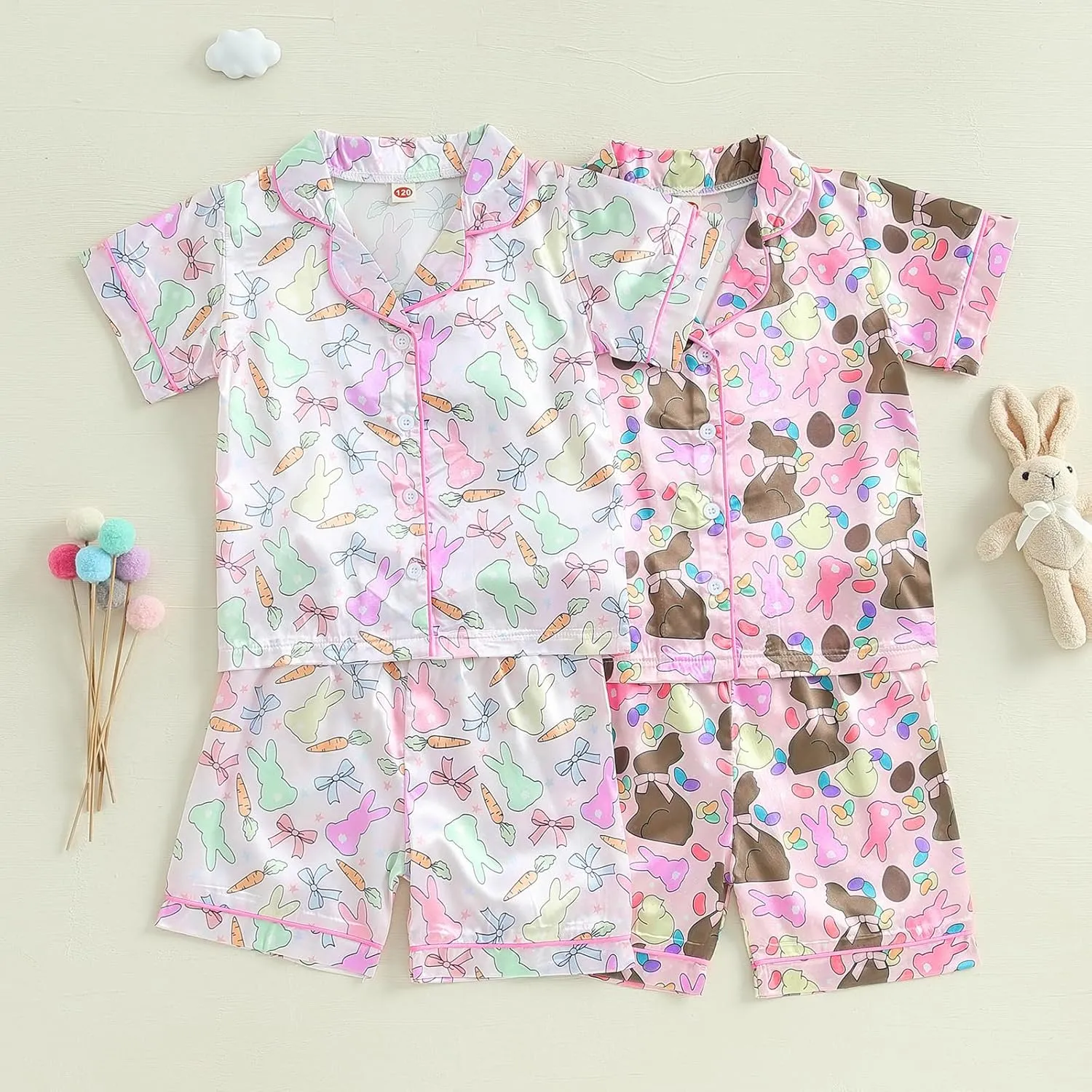 Toddler Girls 4th of July Satin Pajamas Flag Feather Trim Short Sleeve Shirt Shorts 2 Piece Pajama Set Kid Sleepwear