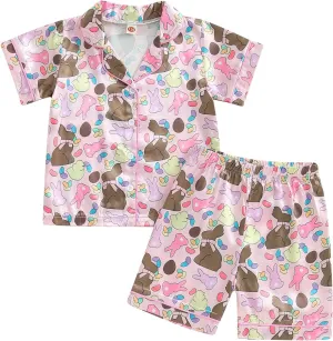Toddler Girls 4th of July Satin Pajamas Flag Feather Trim Short Sleeve Shirt Shorts 2 Piece Pajama Set Kid Sleepwear