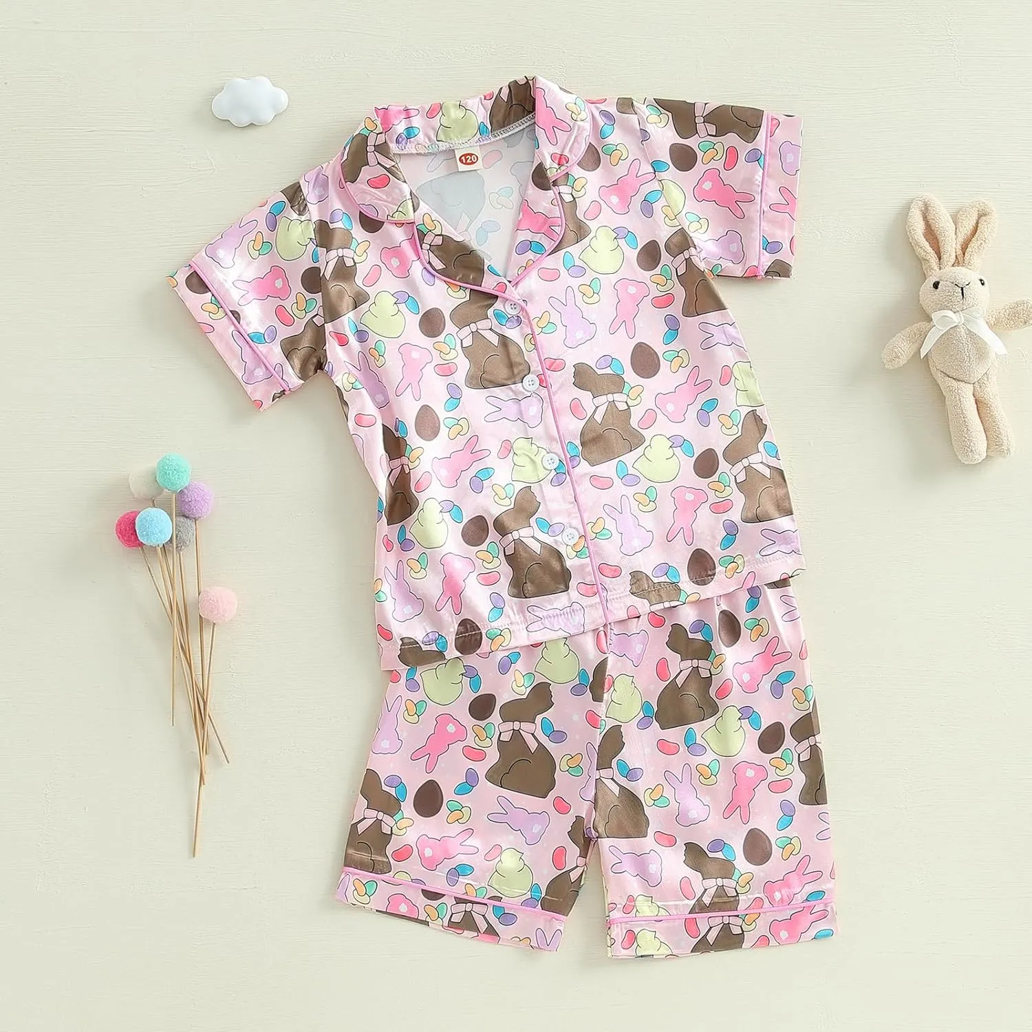 Toddler Girls 4th of July Satin Pajamas Flag Feather Trim Short Sleeve Shirt Shorts 2 Piece Pajama Set Kid Sleepwear