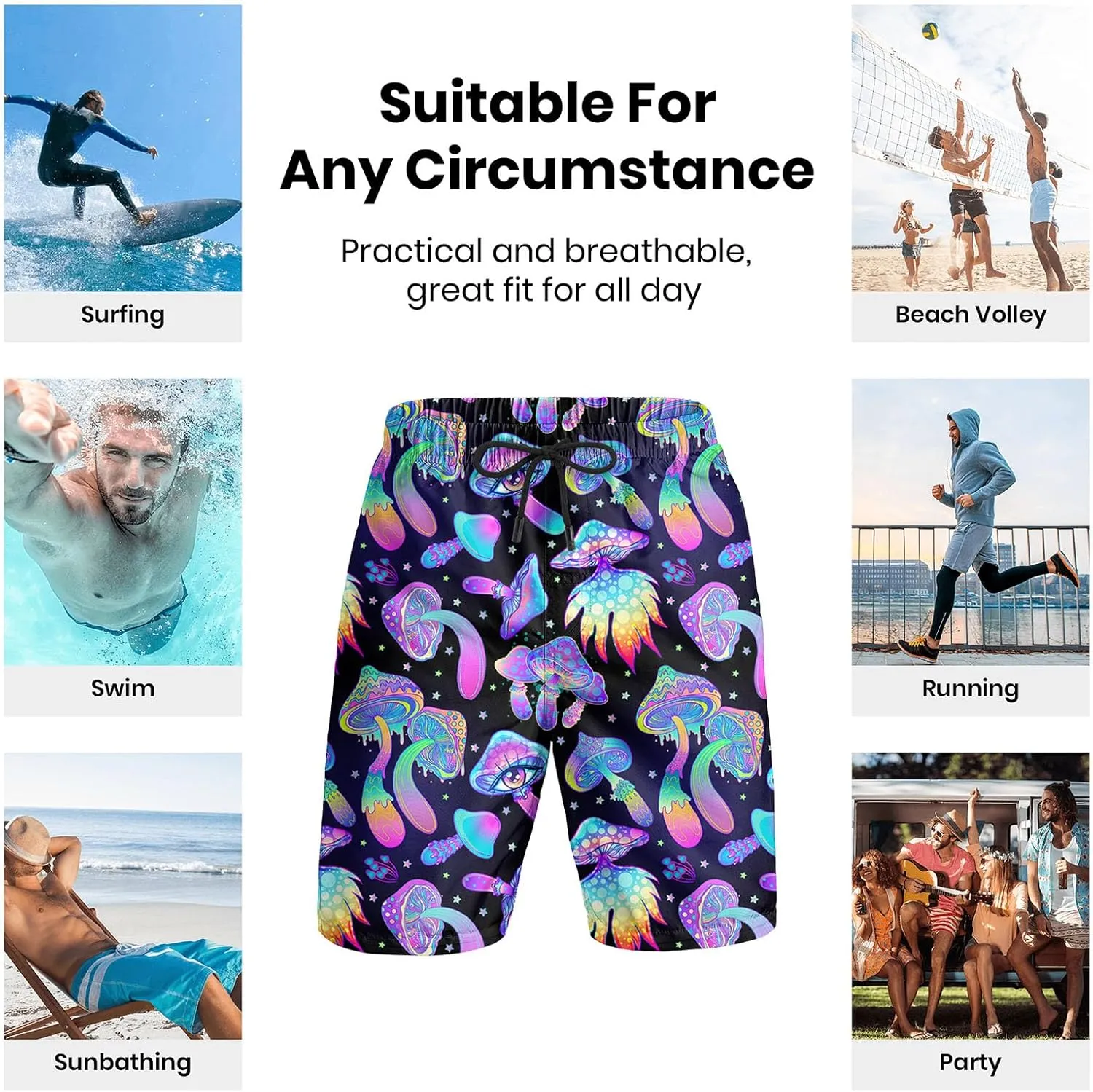 Turtle Hawaiian Print Swim Trunks for Mens Summer Shorts Quick Dry Shorts with Pockets and Mesh Lining Pants