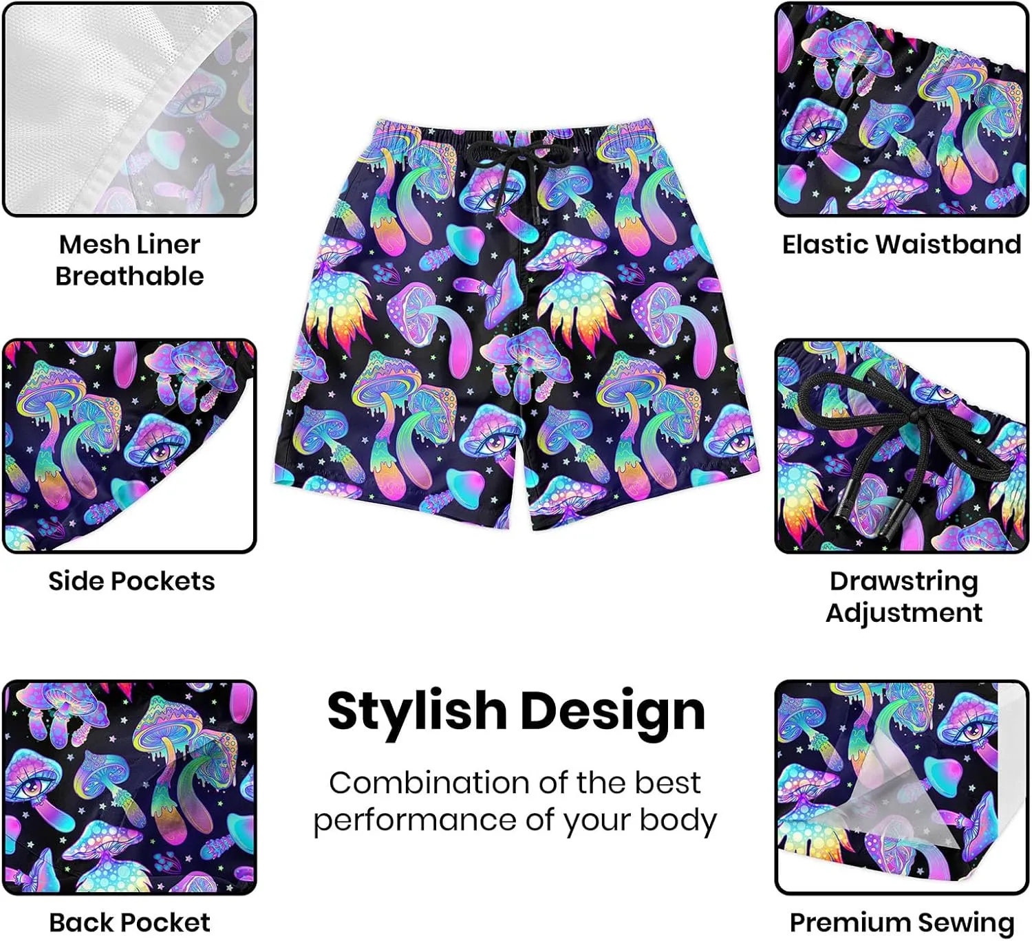 Turtle Hawaiian Print Swim Trunks for Mens Summer Shorts Quick Dry Shorts with Pockets and Mesh Lining Pants