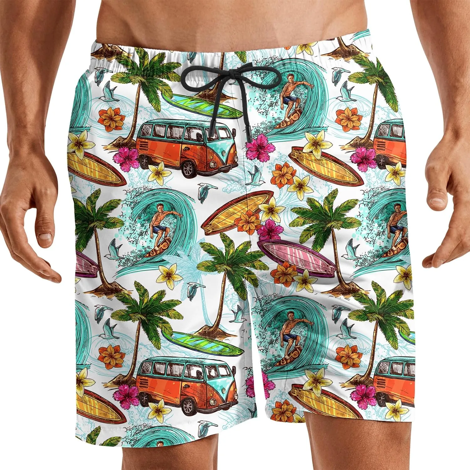 Turtle Hawaiian Print Swim Trunks for Mens Summer Shorts Quick Dry Shorts with Pockets and Mesh Lining Pants