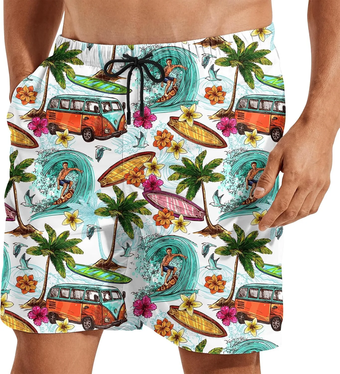 Turtle Hawaiian Print Swim Trunks for Mens Summer Shorts Quick Dry Shorts with Pockets and Mesh Lining Pants