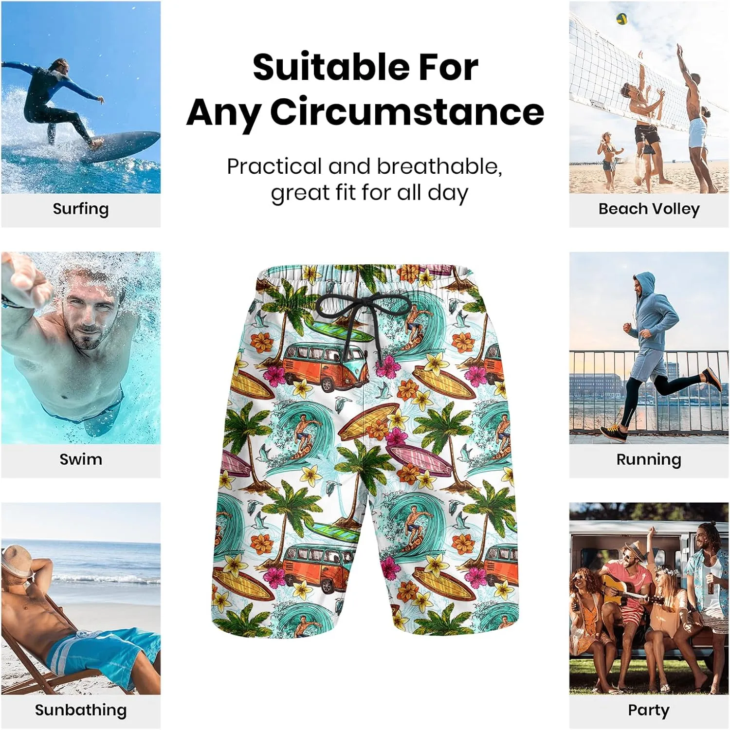 Turtle Hawaiian Print Swim Trunks for Mens Summer Shorts Quick Dry Shorts with Pockets and Mesh Lining Pants
