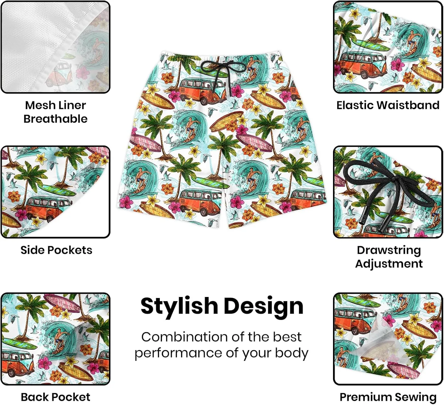 Turtle Hawaiian Print Swim Trunks for Mens Summer Shorts Quick Dry Shorts with Pockets and Mesh Lining Pants