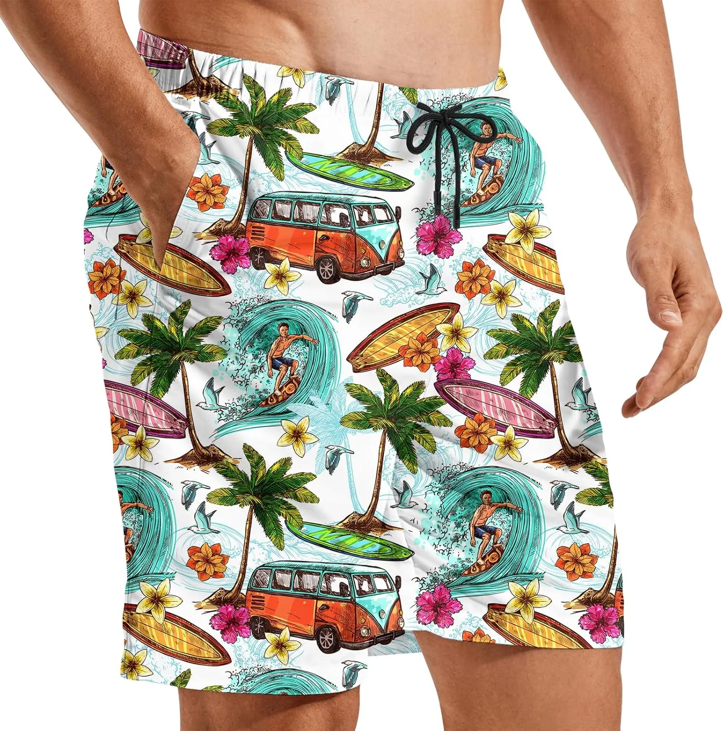 Turtle Hawaiian Print Swim Trunks for Mens Summer Shorts Quick Dry Shorts with Pockets and Mesh Lining Pants