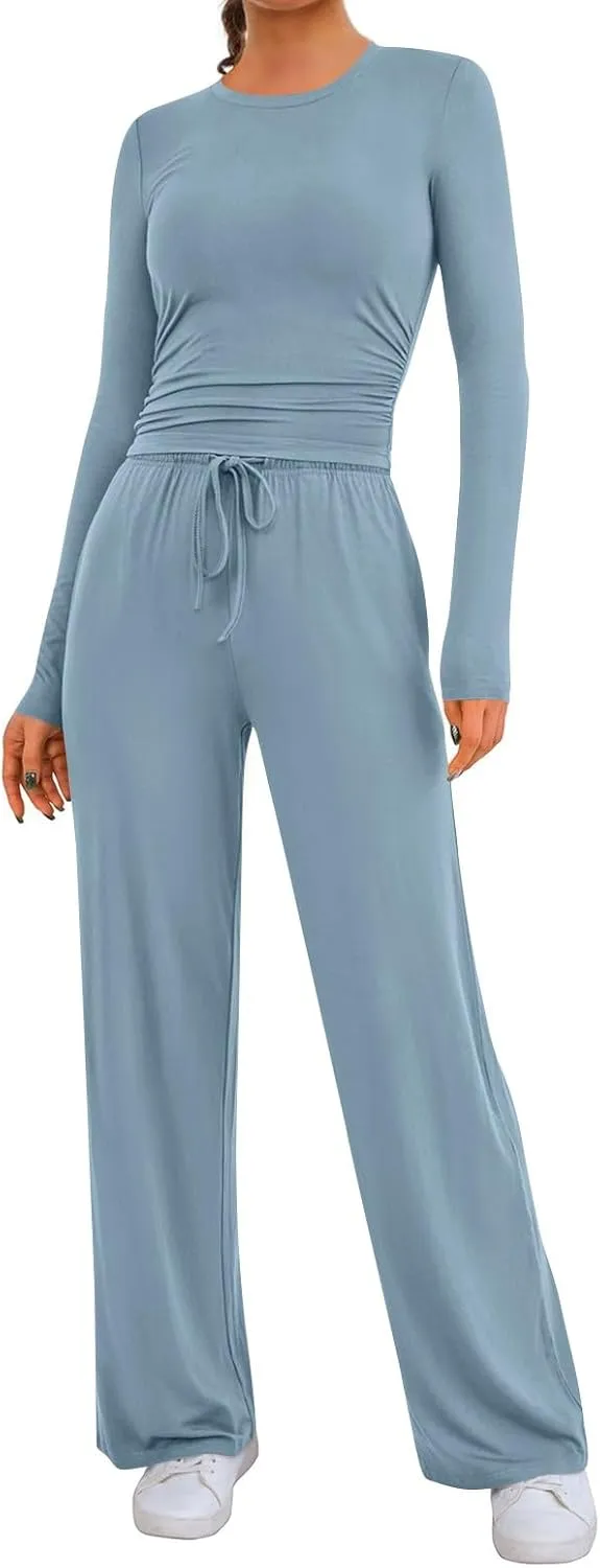 Two Piece Outfits for Women Long Sleeve Crewneck Crop Tops Casual Wide Leg Pants Trendy Track Suits Fall Lounge Set