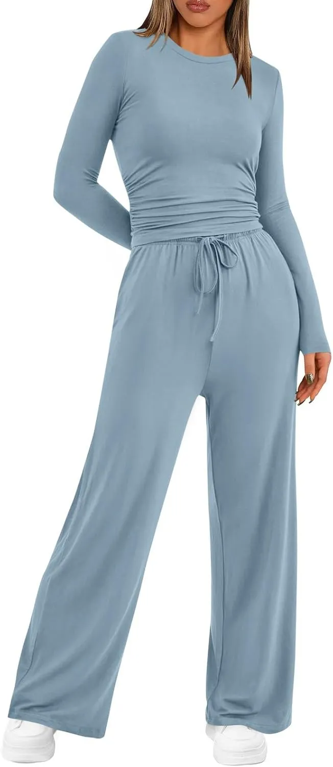 Two Piece Outfits for Women Long Sleeve Crewneck Crop Tops Casual Wide Leg Pants Trendy Track Suits Fall Lounge Set
