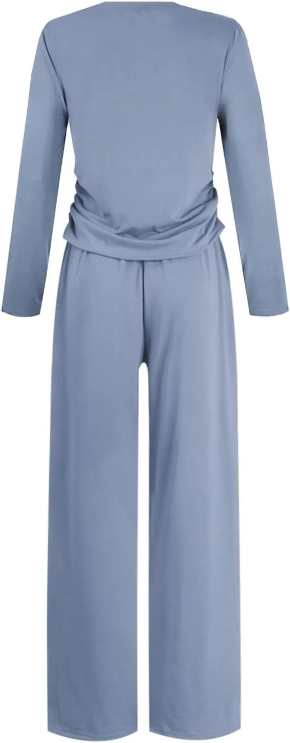 Two Piece Outfits for Women Long Sleeve Crewneck Crop Tops Casual Wide Leg Pants Trendy Track Suits Fall Lounge Set