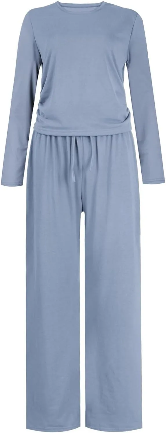 Two Piece Outfits for Women Long Sleeve Crewneck Crop Tops Casual Wide Leg Pants Trendy Track Suits Fall Lounge Set