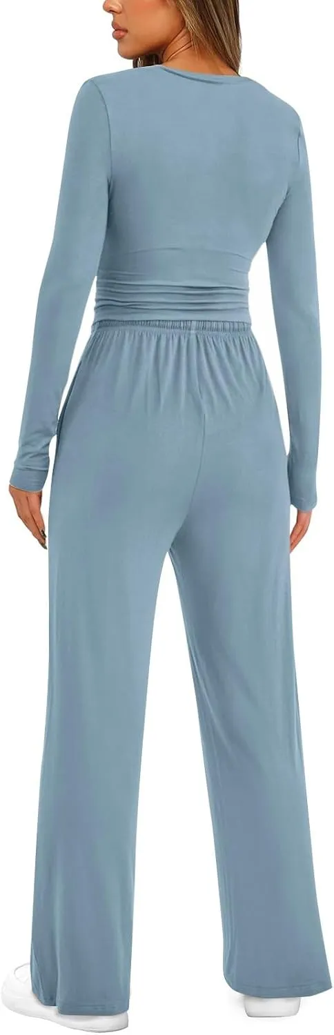 Two Piece Outfits for Women Long Sleeve Crewneck Crop Tops Casual Wide Leg Pants Trendy Track Suits Fall Lounge Set