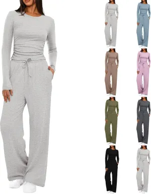 Two Piece Outfits for Women Long Sleeve Crewneck Crop Tops Casual Wide Leg Pants Trendy Track Suits Fall Lounge Set