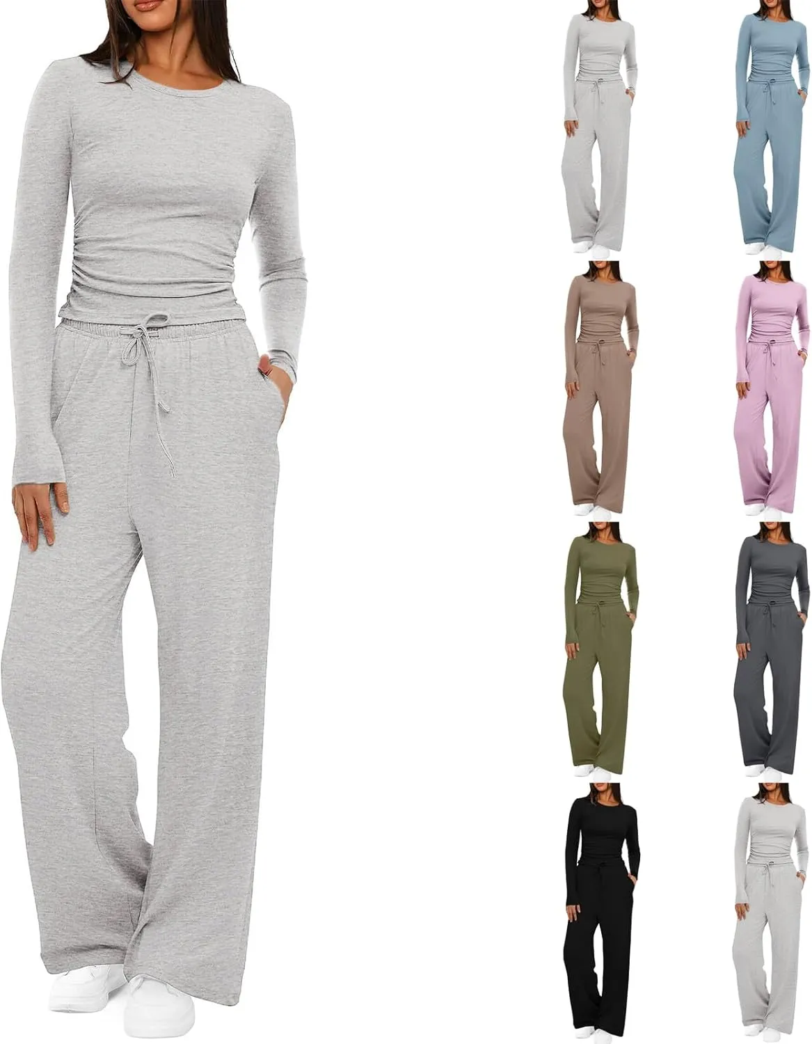 Two Piece Outfits for Women Long Sleeve Crewneck Crop Tops Casual Wide Leg Pants Trendy Track Suits Fall Lounge Set
