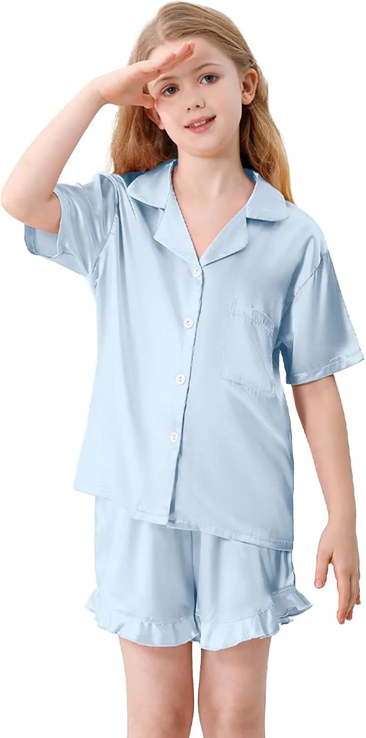 Umeyda Girls 3 Pieces Pajamas Sets Silk Satin Ruffle Sleepwear Short Sleeve Button-Down 3Pjs Nightwear, 5-14 Years