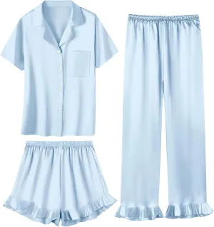 Umeyda Girls 3 Pieces Pajamas Sets Silk Satin Ruffle Sleepwear Short Sleeve Button-Down 3Pjs Nightwear, 5-14 Years