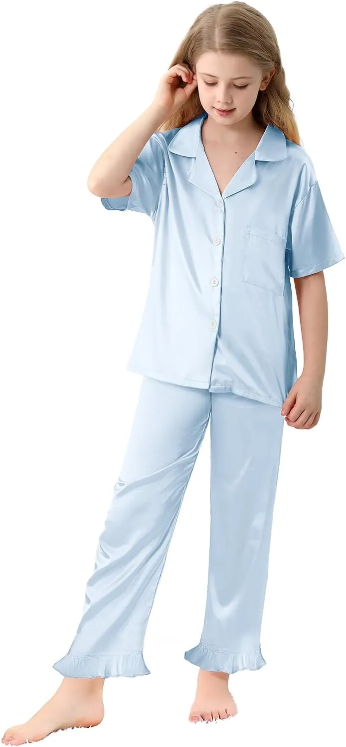 Umeyda Girls 3 Pieces Pajamas Sets Silk Satin Ruffle Sleepwear Short Sleeve Button-Down 3Pjs Nightwear, 5-14 Years