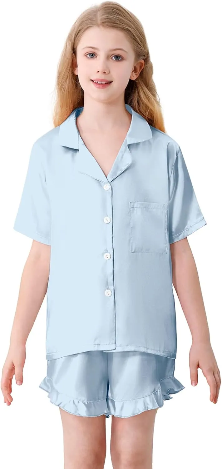 Umeyda Girls 3 Pieces Pajamas Sets Silk Satin Ruffle Sleepwear Short Sleeve Button-Down 3Pjs Nightwear, 5-14 Years