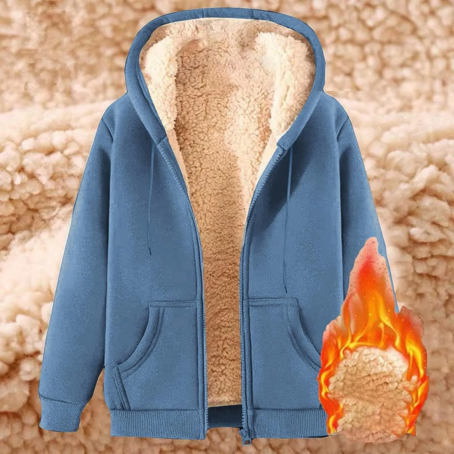 Unisex Fleece Hooded Jacket Women Mens Solid Color Sherpa Lined Full Zip Hoodies Winter Fashion Warm Sweatshirts