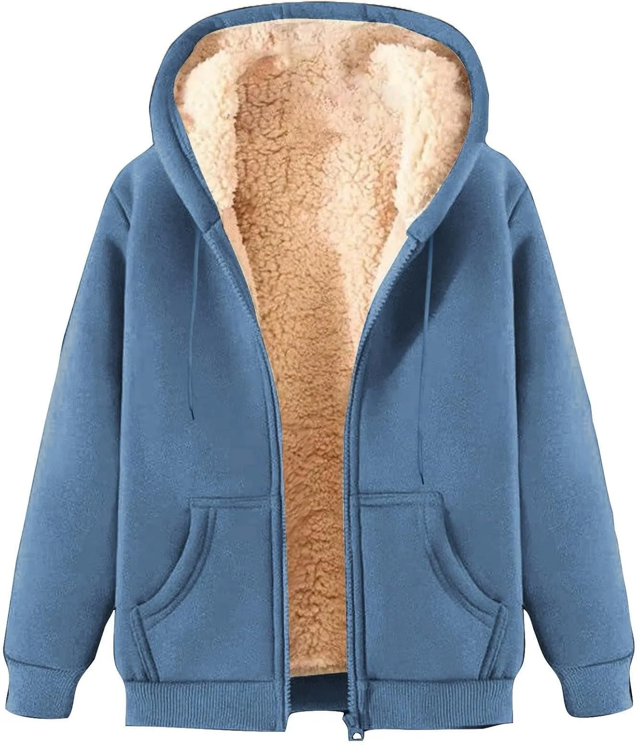 Unisex Fleece Hooded Jacket Women Mens Solid Color Sherpa Lined Full Zip Hoodies Winter Fashion Warm Sweatshirts