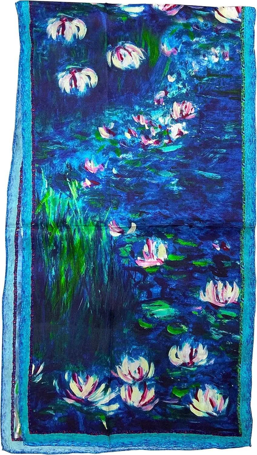 Van Gogh and Claude Monets Paintings, Fashion Silk Scarf Premium Shawl Wrap Art (Van Gogh - Starry Night)