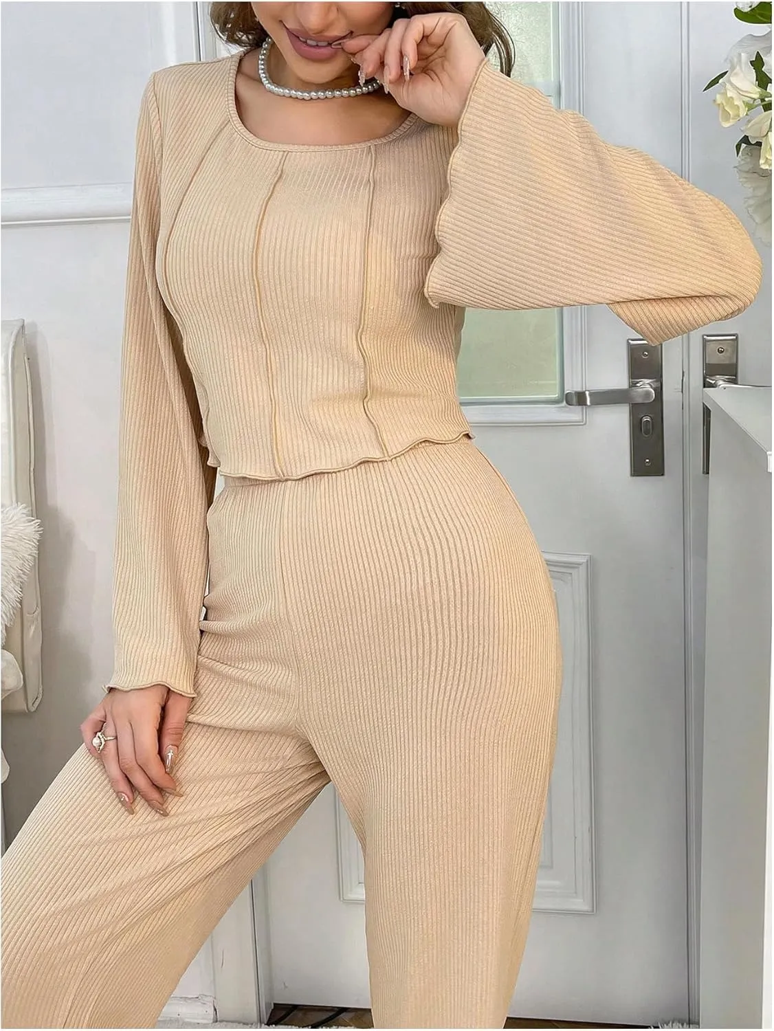 Verdusa Women's 2 Piece Ribbed Lounge Sets Round Neck Bell Sleeve Top and Pants Pajamas Set