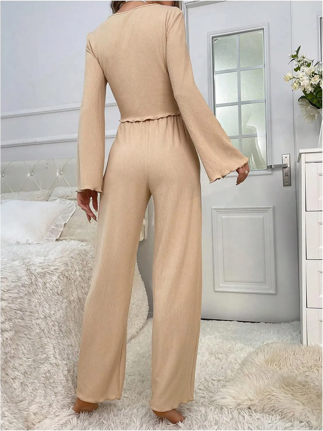 Verdusa Women's 2 Piece Ribbed Lounge Sets Round Neck Bell Sleeve Top and Pants Pajamas Set