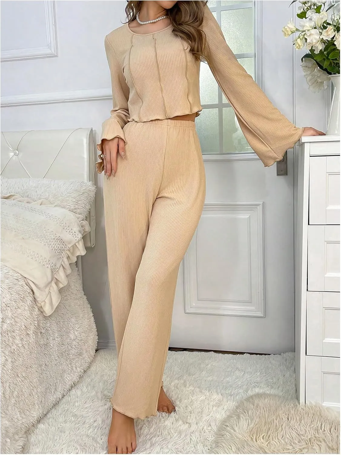 Verdusa Women's 2 Piece Ribbed Lounge Sets Round Neck Bell Sleeve Top and Pants Pajamas Set