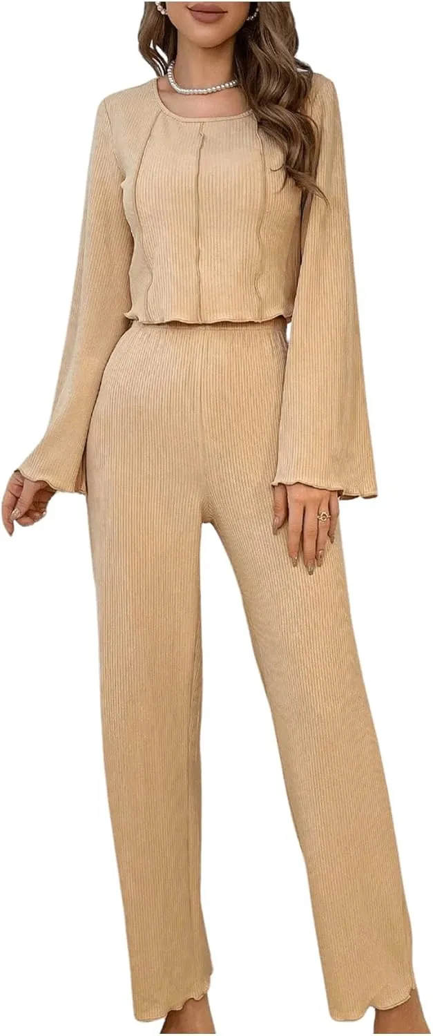 Verdusa Women's 2 Piece Ribbed Lounge Sets Round Neck Bell Sleeve Top and Pants Pajamas Set