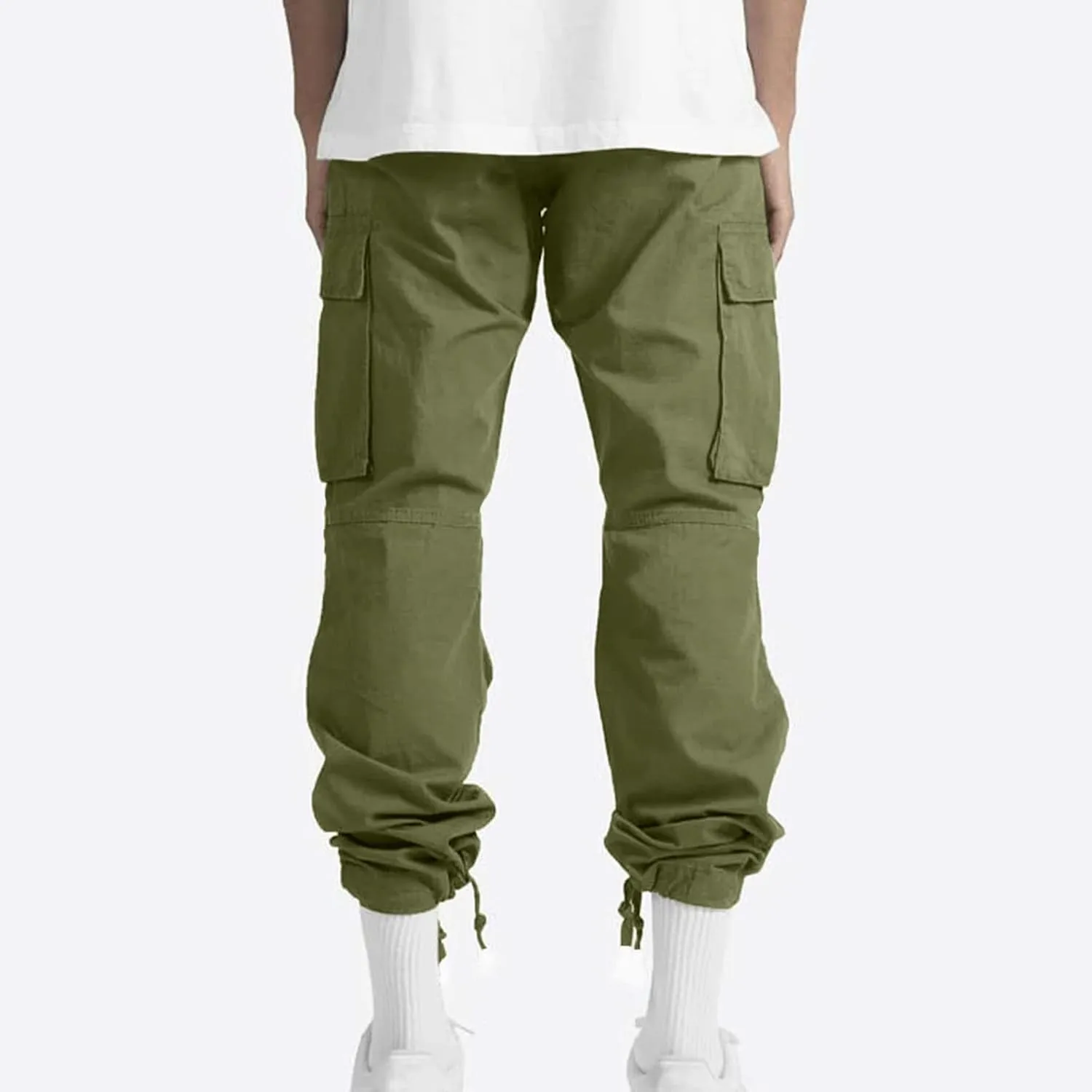 WENKOMG1 Casual Cargo Pants for Men Solid Camo Casual Hiking Pants Workout Joggers Drawstring Multi Pocket Sweatpants