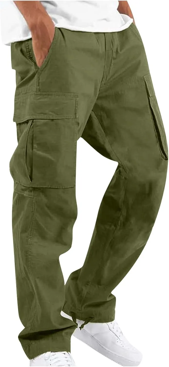 WENKOMG1 Casual Cargo Pants for Men Solid Camo Casual Hiking Pants Workout Joggers Drawstring Multi Pocket Sweatpants