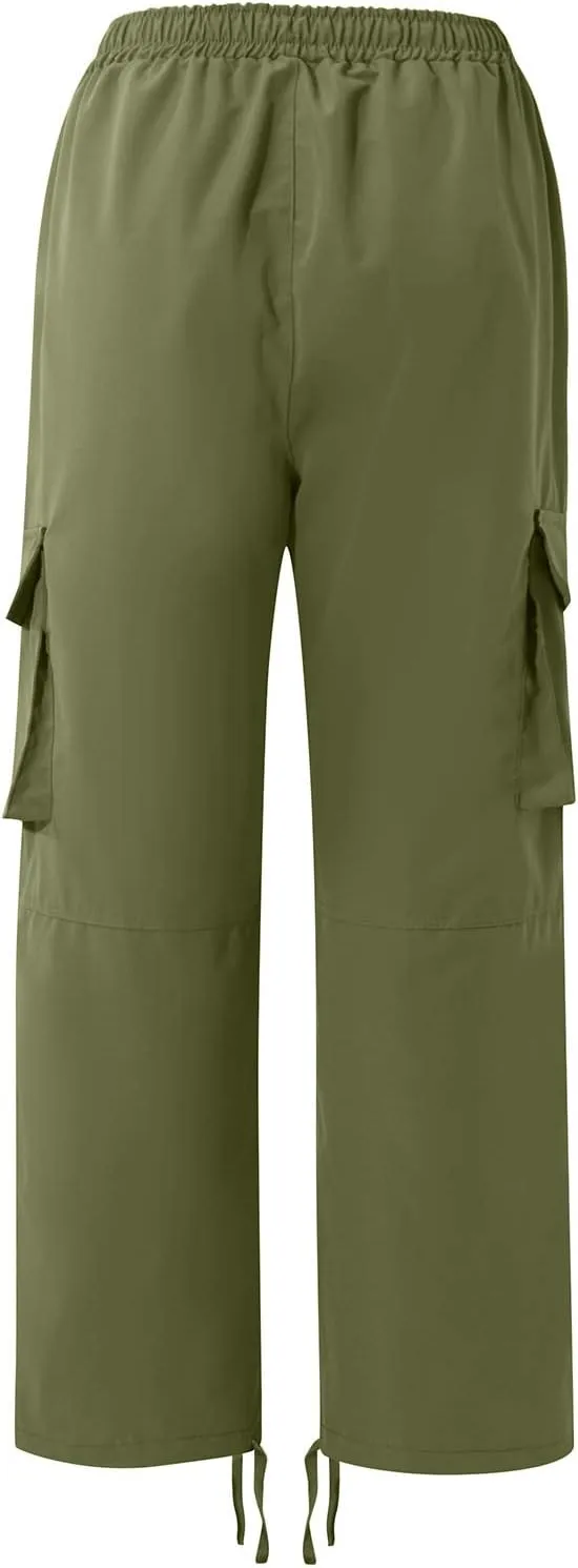 WENKOMG1 Casual Cargo Pants for Men Solid Camo Casual Hiking Pants Workout Joggers Drawstring Multi Pocket Sweatpants