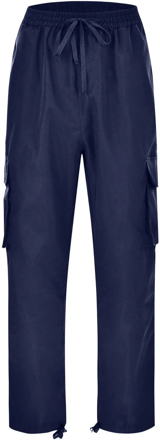 WENKOMG1 Casual Cargo Pants for Men Solid Camo Casual Hiking Pants Workout Joggers Drawstring Multi Pocket Sweatpants