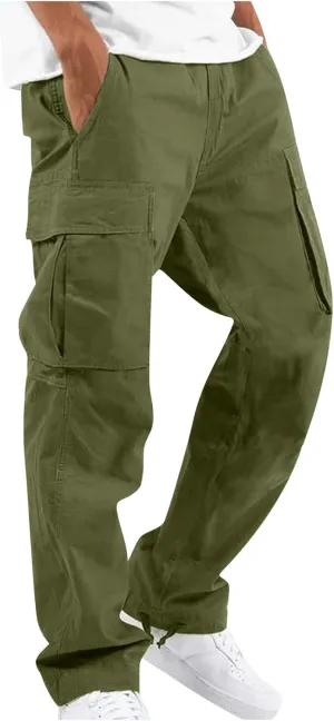 WENKOMG1 Casual Cargo Pants for Men Solid Camo Casual Hiking Pants Workout Joggers Drawstring Multi Pocket Sweatpants