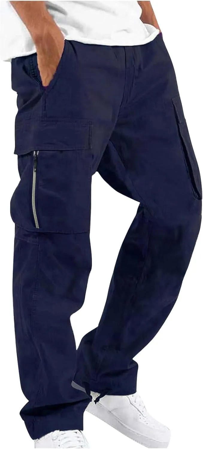 WENKOMG1 Casual Cargo Pants for Men Solid Camo Casual Hiking Pants Workout Joggers Drawstring Multi Pocket Sweatpants