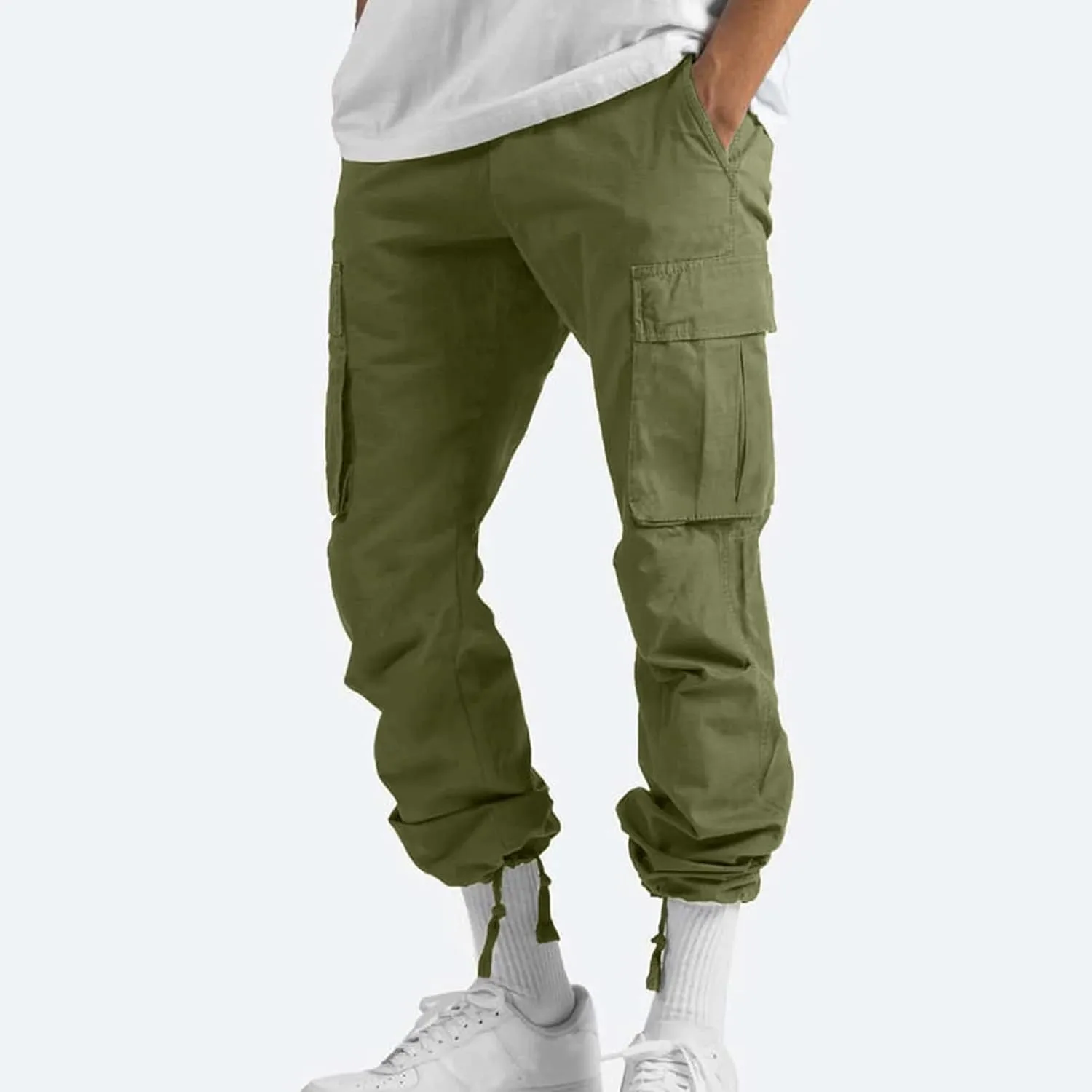 WENKOMG1 Casual Cargo Pants for Men Solid Camo Casual Hiking Pants Workout Joggers Drawstring Multi Pocket Sweatpants