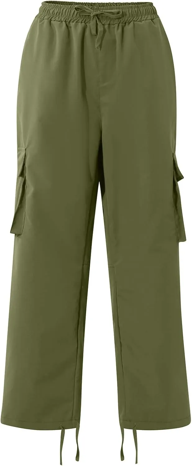 WENKOMG1 Casual Cargo Pants for Men Solid Camo Casual Hiking Pants Workout Joggers Drawstring Multi Pocket Sweatpants
