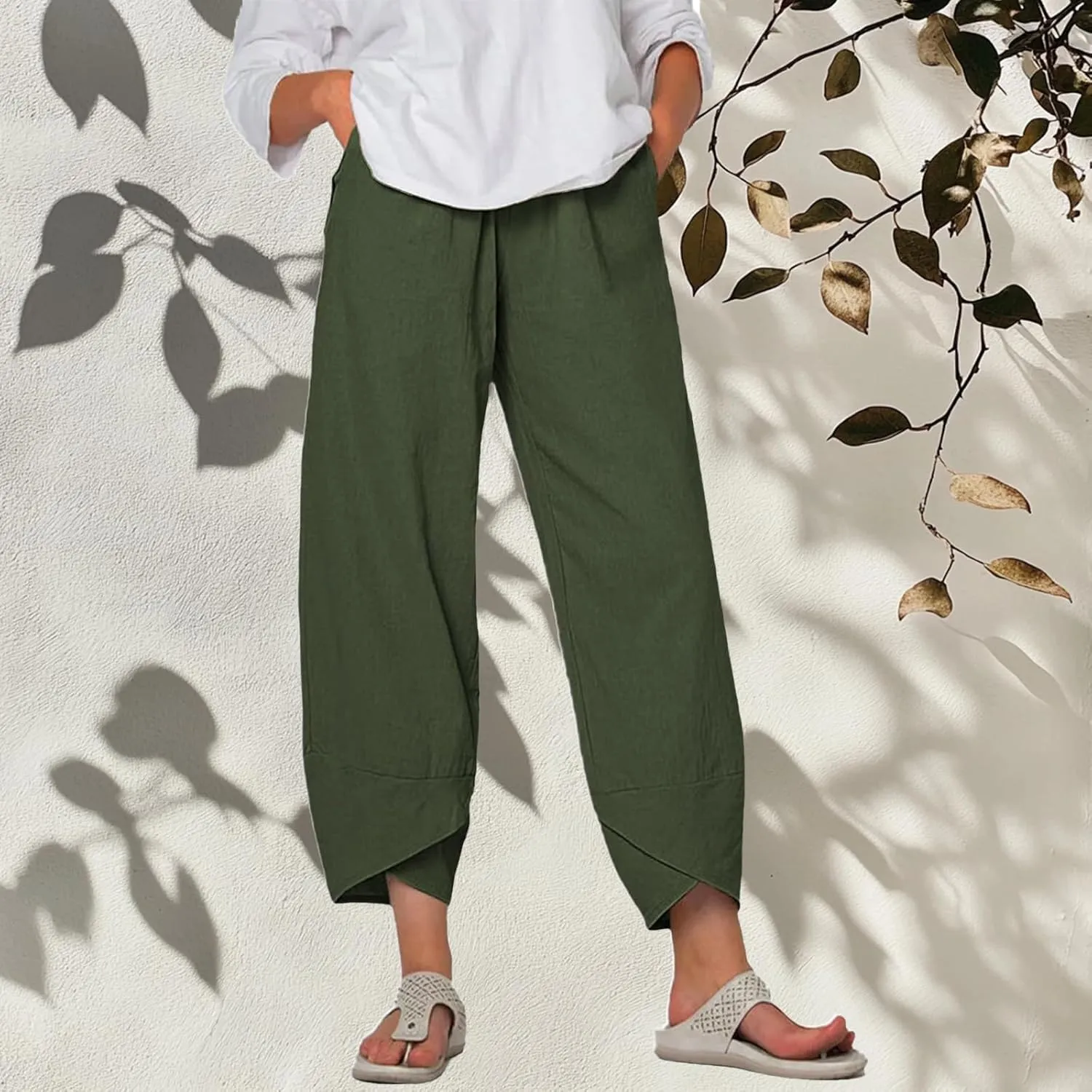 Wide Leg Pants Capri Cropped Casual Pants Summer Trendy Beach Pants with Pockets Plaid Patchwork Pants
