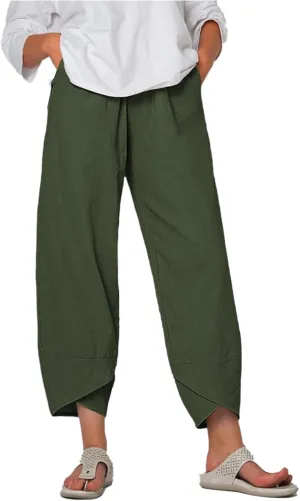Wide Leg Pants Capri Cropped Casual Pants Summer Trendy Beach Pants with Pockets Plaid Patchwork Pants