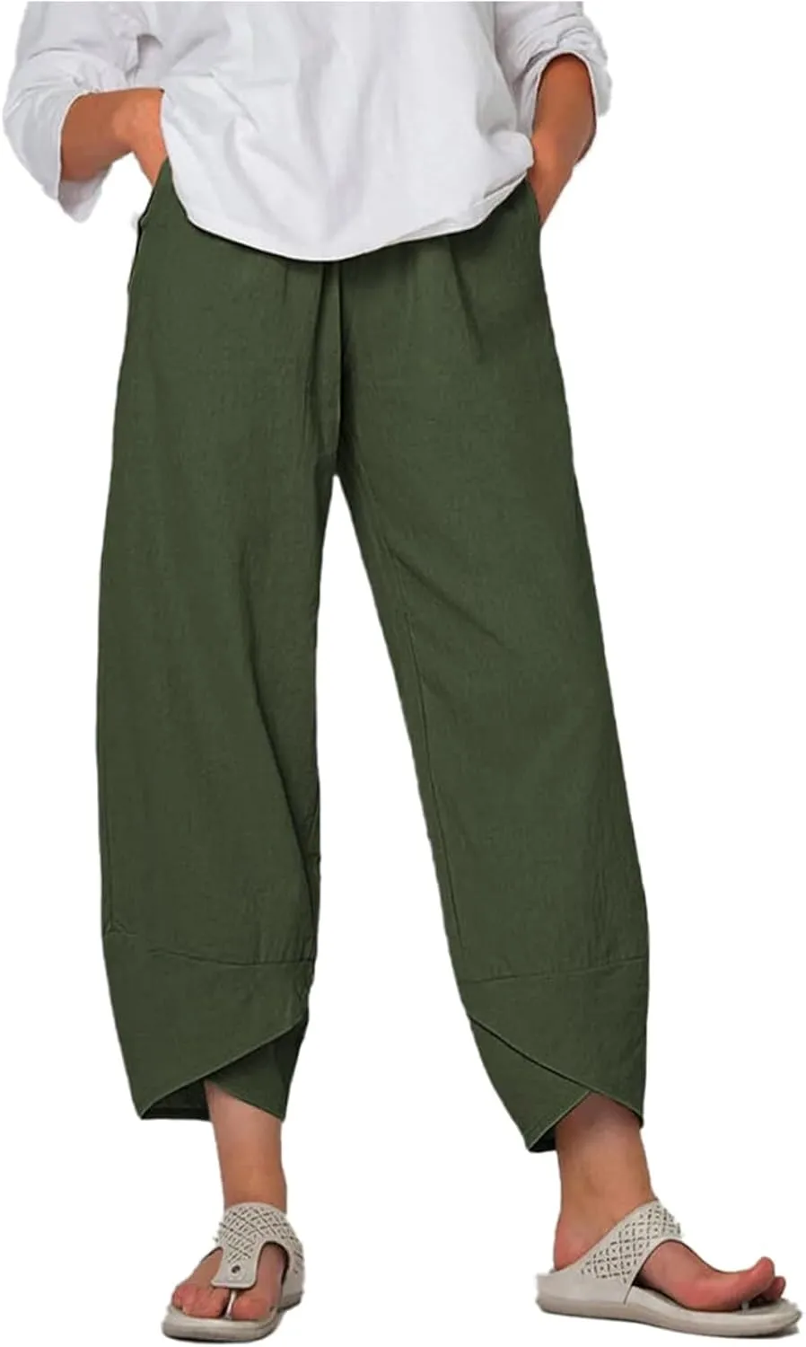 Wide Leg Pants Capri Cropped Casual Pants Summer Trendy Beach Pants with Pockets Plaid Patchwork Pants