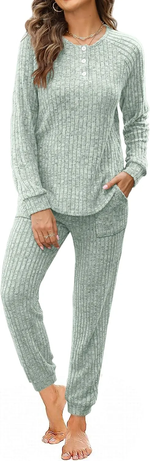 WIHOLL Two Piece Outfits for Women Lounge Sets Button Down Sweatshirt Sweatpants Sweatsuits Set with Pockets