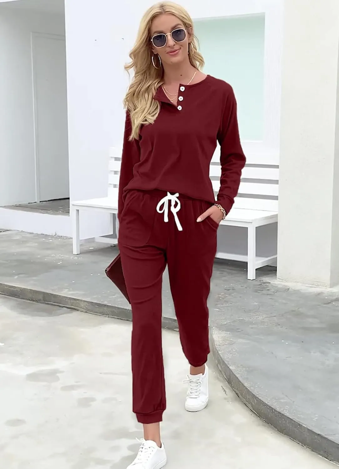 WIHOLL Two Piece Outfits for Women Lounge Sets Button Down Sweatshirt Sweatpants Sweatsuits Set with Pockets