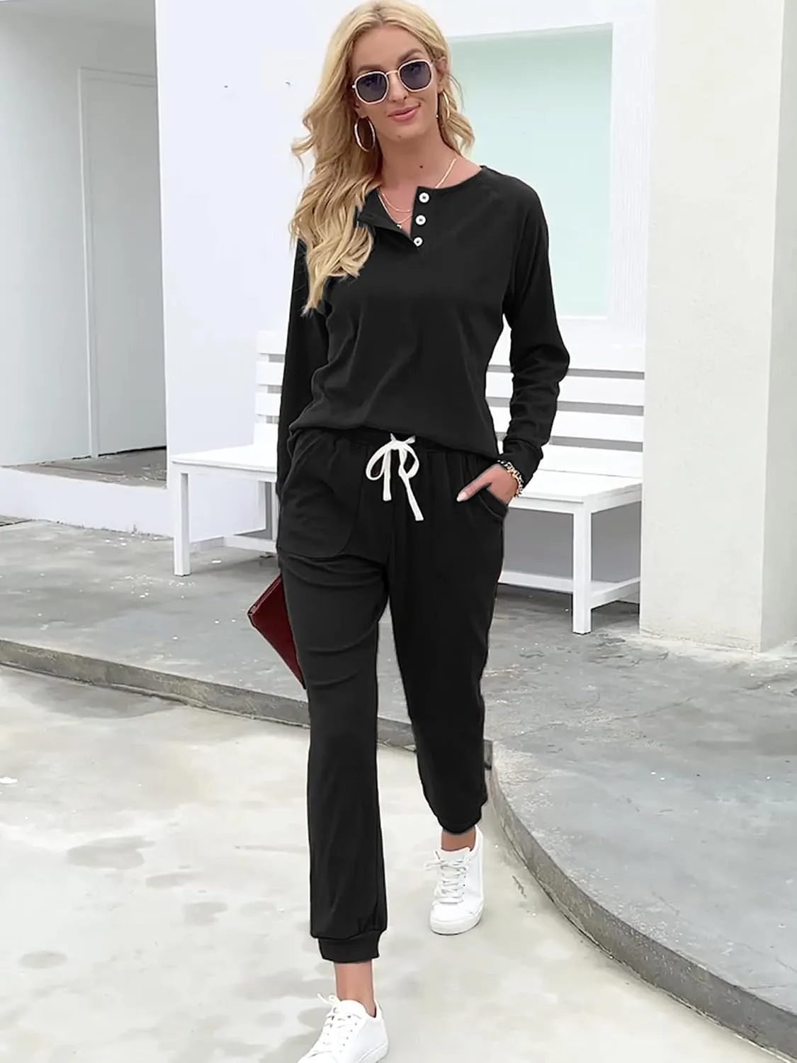 WIHOLL Two Piece Outfits for Women Lounge Sets Button Down Sweatshirt Sweatpants Sweatsuits Set with Pockets