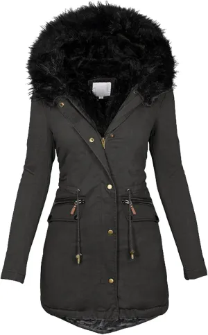 Winter Jacket for Women Fleece Puffer Lined Parka Drawstring Waterproof Coat Warm Hood Overcoat with Pockets