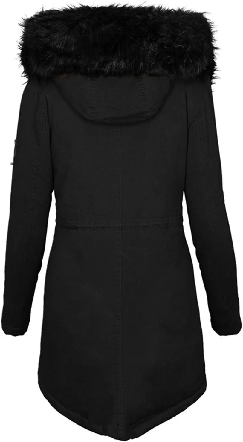 Winter Jacket for Women Fleece Puffer Lined Parka Drawstring Waterproof Coat Warm Hood Overcoat with Pockets