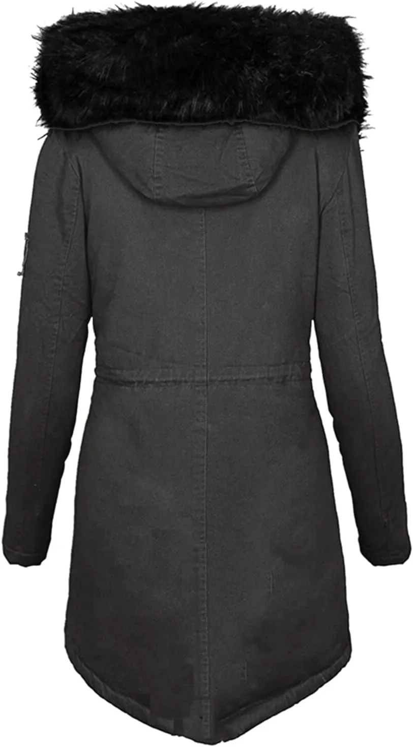 Winter Jacket for Women Fleece Puffer Lined Parka Drawstring Waterproof Coat Warm Hood Overcoat with Pockets
