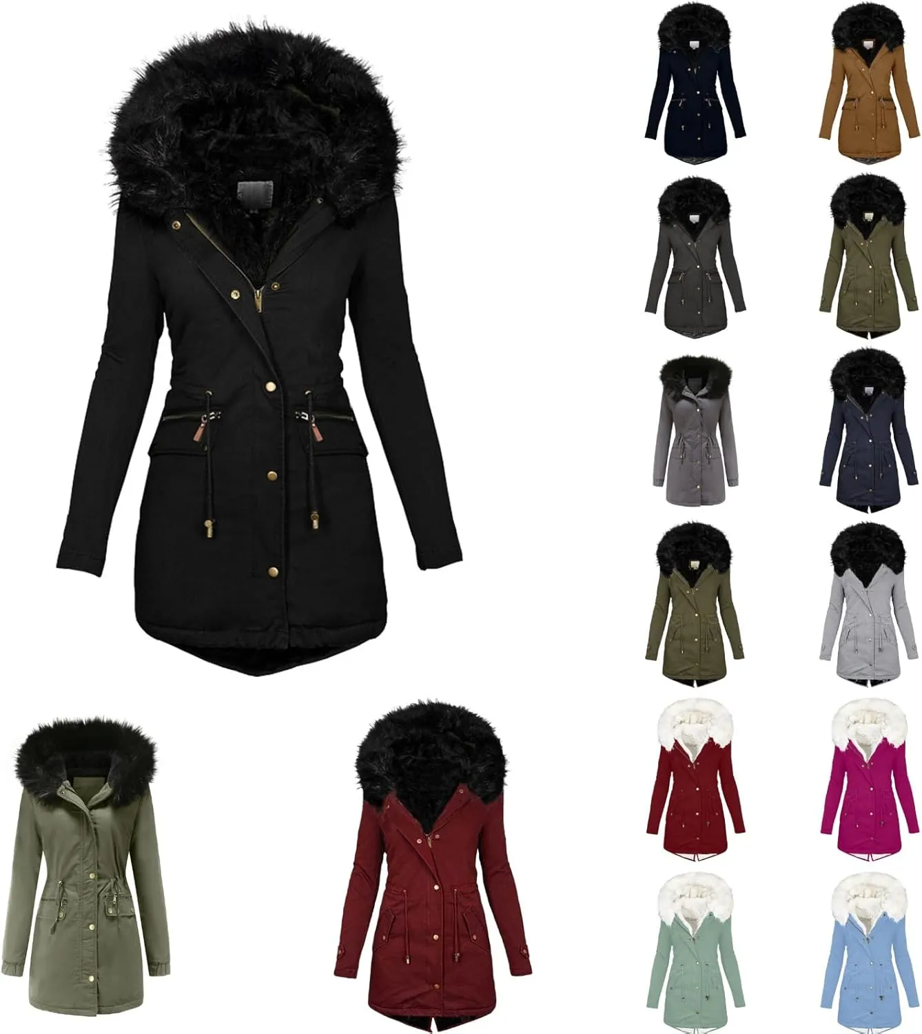 Winter Jacket for Women Fleece Puffer Lined Parka Drawstring Waterproof Coat Warm Hood Overcoat with Pockets