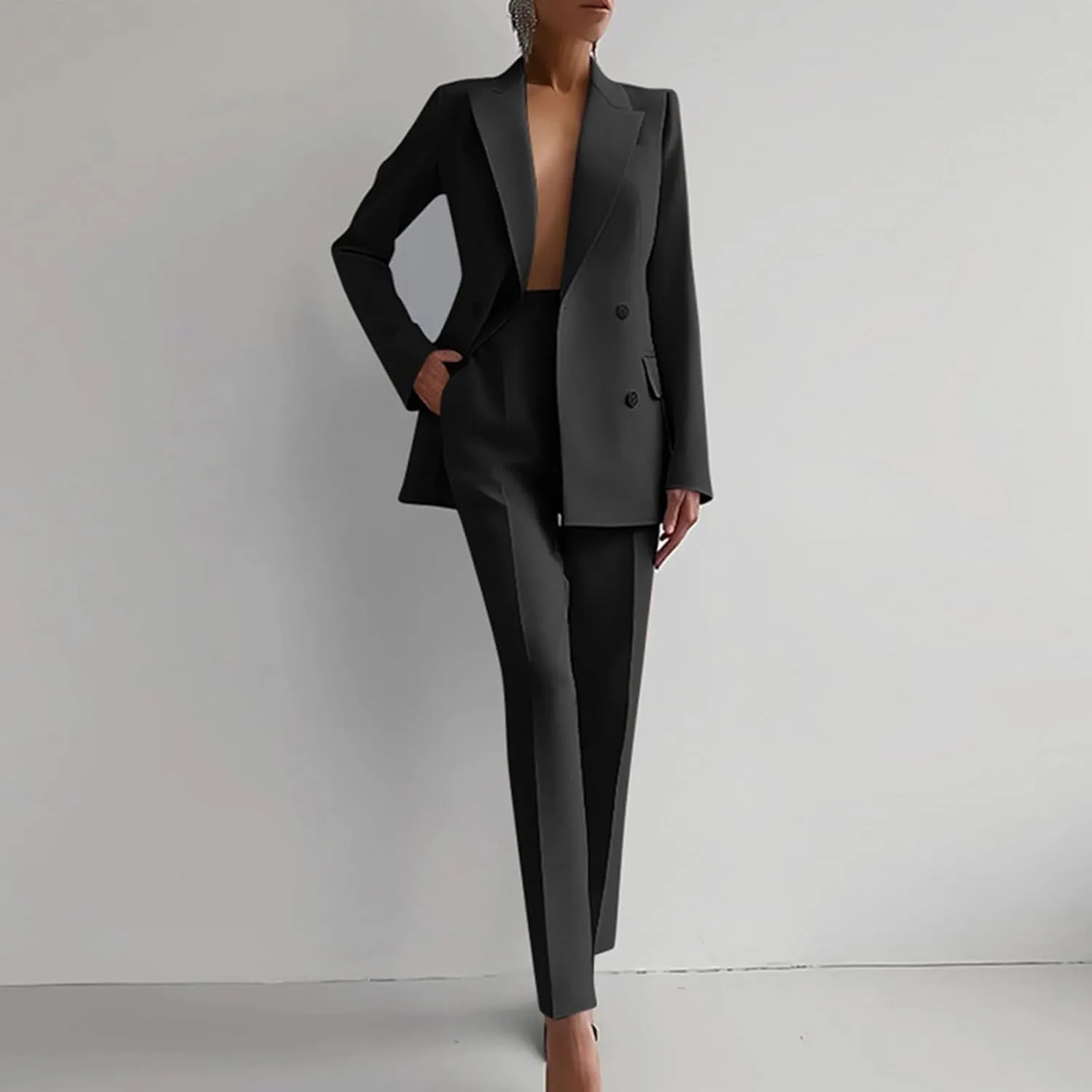 Women 2 Piece Outfits Double Breasted Blazer and Straight Leg Work Pants Casual Blazer Set Dressy Business Office Suits