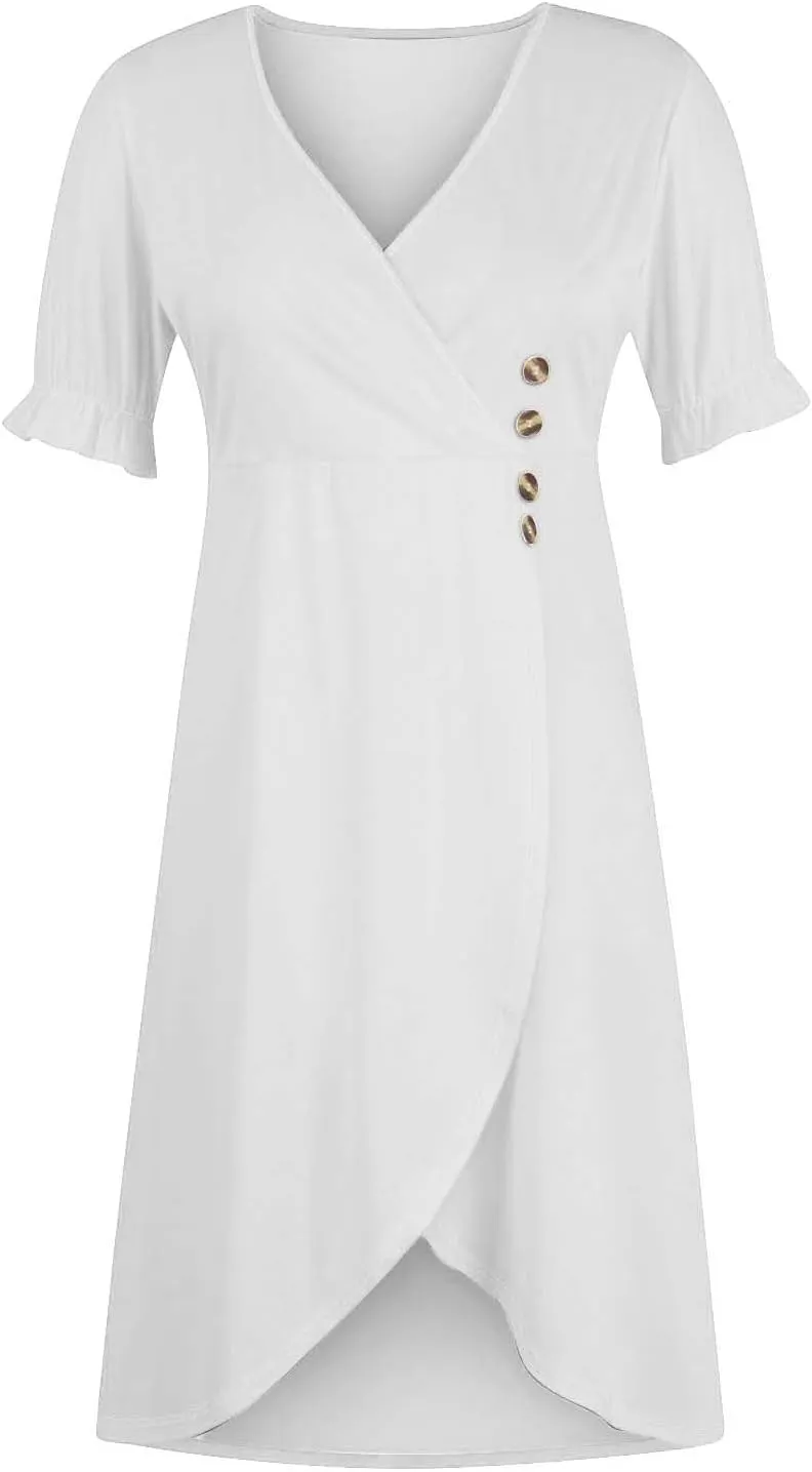 Women Beach Dress Boho Floral Midi Dresses Spring Trendy V-Neck Short Sleeve Sundress Irregular Hem Elegant Cover Up